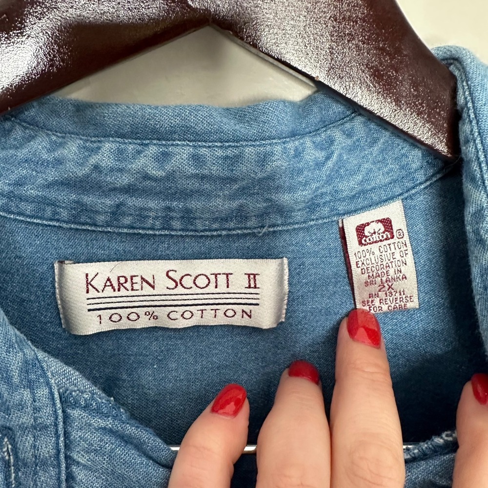 Karen Scott II Women's Denim Shirt‎ Fall Cats Pumpkins Corn Embroidery 2X - Picture 5 of 9
